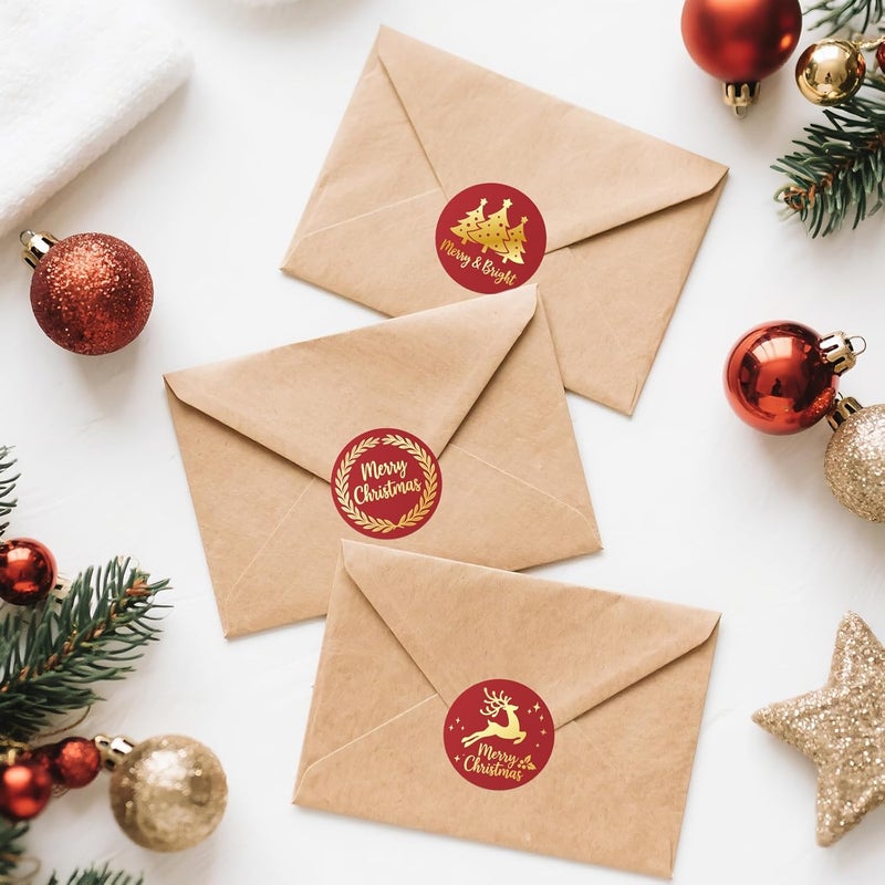Alynta Merry Christmas Stickers - 2 Inch 120Pcs Holiday Stickers Gold Foil Merry and Bright Sticker Large Round Christmas Tree Snowflake Snowman Labels for Envelope Seals Cards Ornaments (Red) - Image 4